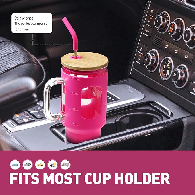 WINSA Glass Tumbler with Straw and Lid, 40 oz glass cup with handle, Glass Water Bottles with Time Marker, Silicone Protective Sleeve-Rose Red