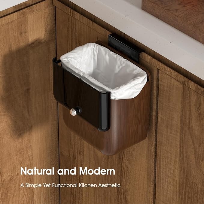 Large 3.2 Gallon Compost Bin, Under Sink Trash Can with Lid, Hanging Waste Cabinet for Office Kitchen Cupboard Bathroom Bedroom, Walnut Color
