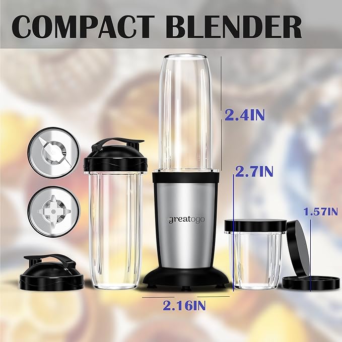Compact Personal Blender for Smoothies & Shakes, 2-in-1 Bullet Blender and Grinder with 11-Piece Set, 2×24oz To-Go Cups + 10oz Grinding Cup, Ice Crushing, BPA-Free, Dishwasher Safe,Ideal Gift