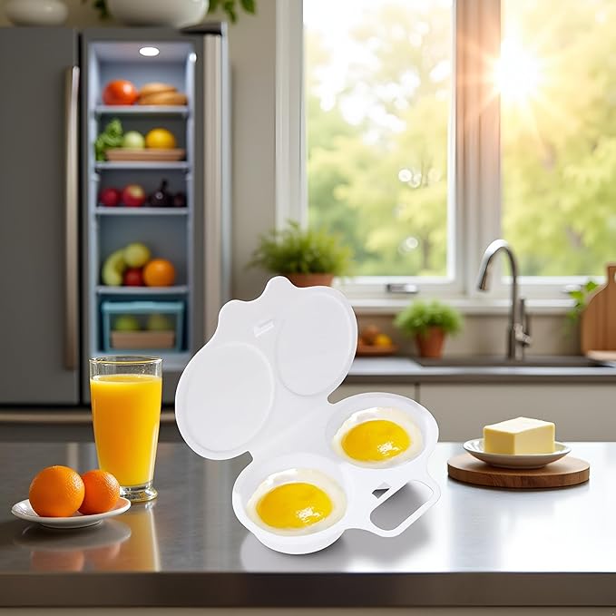 1Pc White Egg Poacher, Microwave Egg Boiler Poacher, 2 Cavity Nonstick Poached Egg Maker With Lid, Egg Poacher Microwave Egg Cooker, Double Drain Poached Egg Cups Cookware（13 * 5cm）