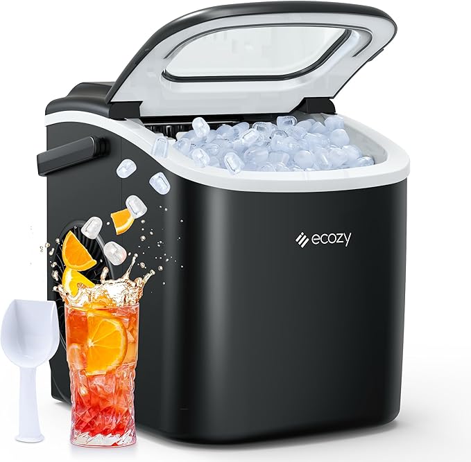 ecozy Ice Makers Countertop, Portable Ice Machine with Carry Handle, 26lbs in 24Hrs, 9 Ice Cubes Ready in 6 Mins, Auto-Cleaning Ice Maker with Basket and Scoop, for Home/Kitchen/Camping/RV