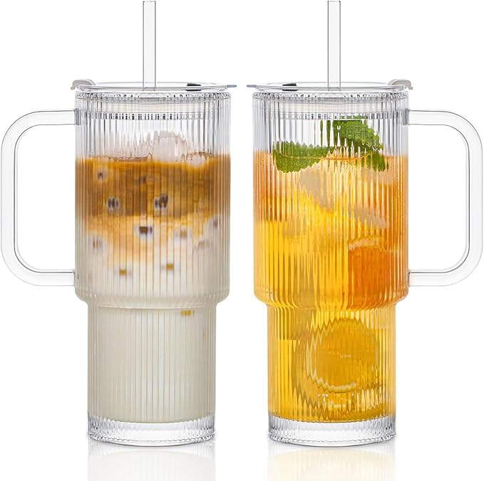 INSETLAN 24oz Ribbed Glass Tumbler with Handle & Lid – 2-Pack Large Iced Coffee Cups with Straws, Modern Glass Mug for Cold & Hot Beverages, Aesthetic Travel Cup for Smoothies, Tea, and Juice