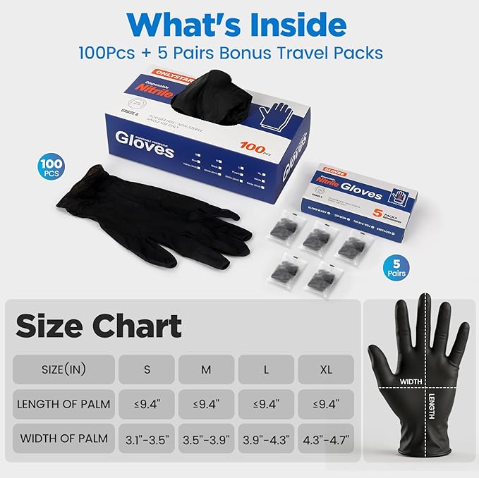 5-Mil Disposable Nitrile Gloves for Cooking Food Prep,100Pcs + 5 Bonus Travel Packs Black Medium, Food Grade, Latex Free, Powder Free, Textured Grip for Household Cleaning, Crafts, Hair Dye