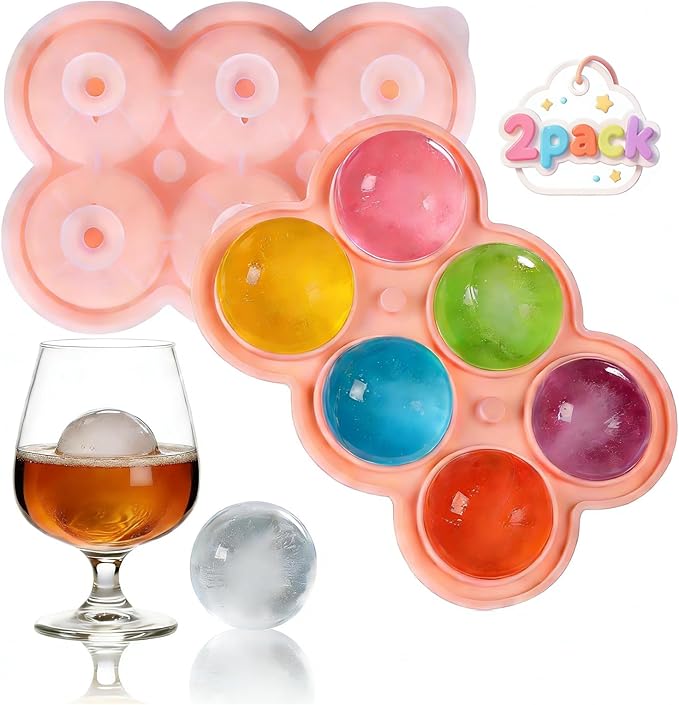 2 Pack Ice Ball Mold with Lid, 6 Grid Ice Cube Trays for Freezer BPA Free, Food Grade Silicone Ice Trays, Easy Release Ice Cubes for Gift, Date Drinks, Coffee, Whiskey, Cocktail-Pink