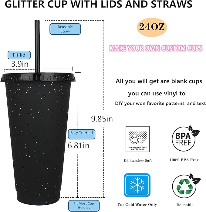 Suertestarry Tumbler with Straw and Lid,Water Bottle Iced Coffee Travel Mug Cup,Reusable Plastic Cups,Perfect for Parties,Birthdays… (Black Glitter, 36 pack)