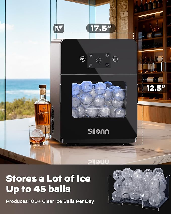 Silonn 2.4″ Sphere Ice Maker, Clear Ice Ball Maker with Slow-Melting, 3 pcs in 40 Mins, 100 pcs/Day, Crystal Sphere & Rapid Sphere Technology, Self-Cleaning Ice Maker Countertop Ideal for Whiskey