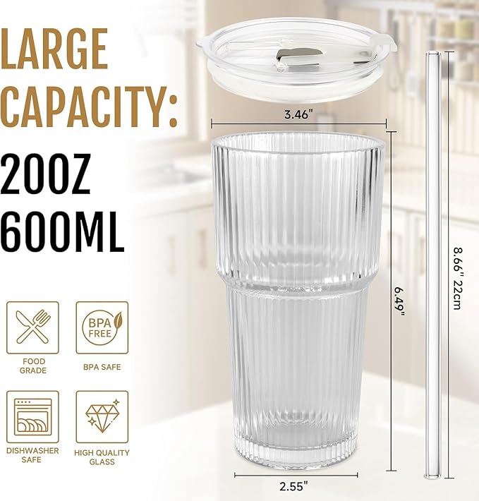 20oz Iced Coffee Cups with Lids,Coffee Bar Accessories, 2 Piece Ribbed Glass Cups with Lids and Straws, Vintage Glass Tumbler with Straw, Thicked Wall Drinking Glasses Ideal for Coffee