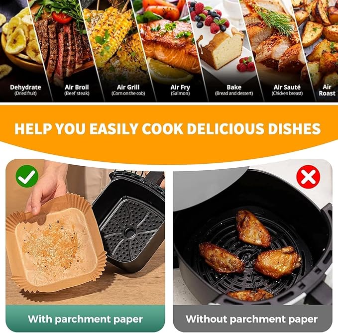 Air Fryer Liners Disposable 150Pcs, 8" Square Parchment Paper Liner for Air Fryer, Baking, Roasting and Microwave, Non-Stick Airfyer Liners Accessories