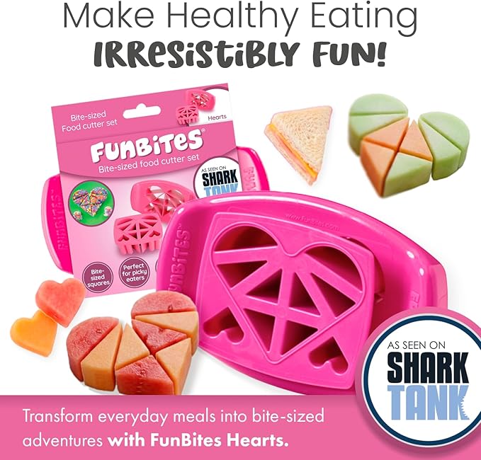 FUNBITES Crustless Sandwich Cutter for Kids Lunch (2-piece set), Uncrustable Sandwich Cutter, Bite-Size Food Cutter for Toddlers, Bento Box Accessories, BPA-FREE Dishwasher Safe, Pink Hearts 1pk