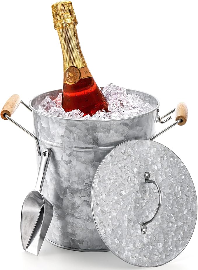Frcctre Farmhouse 4 Liter Ice Bucket with Lid, Galvanized Metal Beverage Tub with Scoop and Handles, Drink and Wine Chiller for Bar, Party, BBQ, Great for Indoor and Outdoor Use