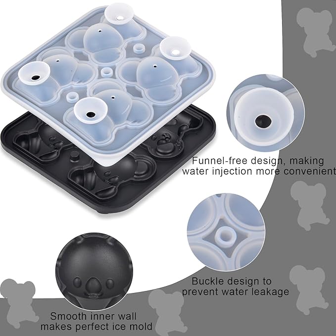 Koala Ice Cube Tray Mold - 3D Koala Shape Ice Cube Trays, Cute Ice Cube Molds for Whiskey Bourbon, 4-Hole Large Fun Shapes Ice Cube Trays, Funny Koala Gifts for Koala Animal Lovers Women Men