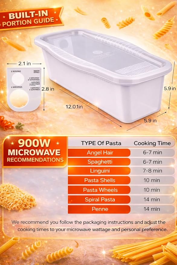 Microwave Pasta Cooker with Built-In Portion Tool, BPA-Free Microwave Pasta Maker for Spaghetti, Ramen & Vegetables, Dishwasher Safe