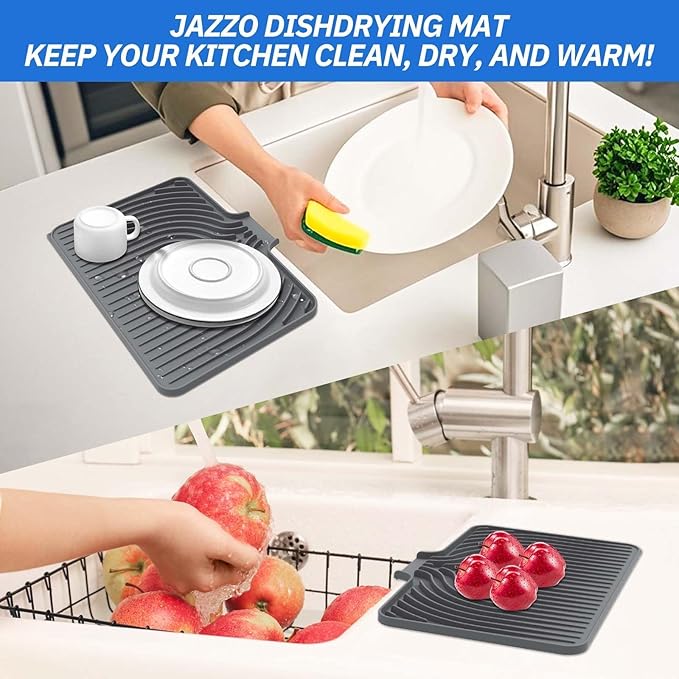 JACZZO Silicone Dish Drying Mat for Kitchen Counter - 14.7x10.2 Inch Non-Slip Drying Matt with Slope Drain, Dish Sponge Holder, Heat Resistant Mat (Grey)