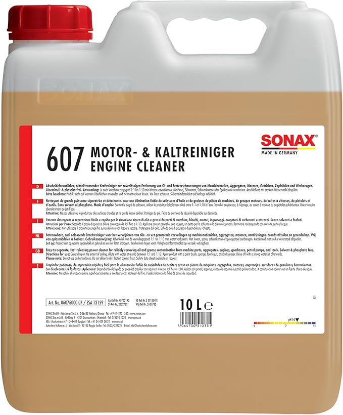 SONAX Engine Cleaner | Powerful Engine Degreaser for Oil & Grease Removal | Safe on Metal, Plastic & Rubber | Phosphate & Solvent-Free | Deep-Cleaning for Hard-to-Reach Areas | 607600 | 10L ml
