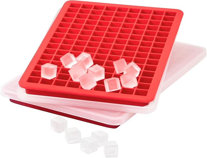 Tovolo Mini Ice Cube Tray with Lid Pack of 2 Small Ice Maker for Freezer, Silicone Mini Ice Cube Trays Small Square Nugget Ice Makes 270 Tiny Cubes BPA Free Stackable Dishwasher Safe, Candy Apple Red