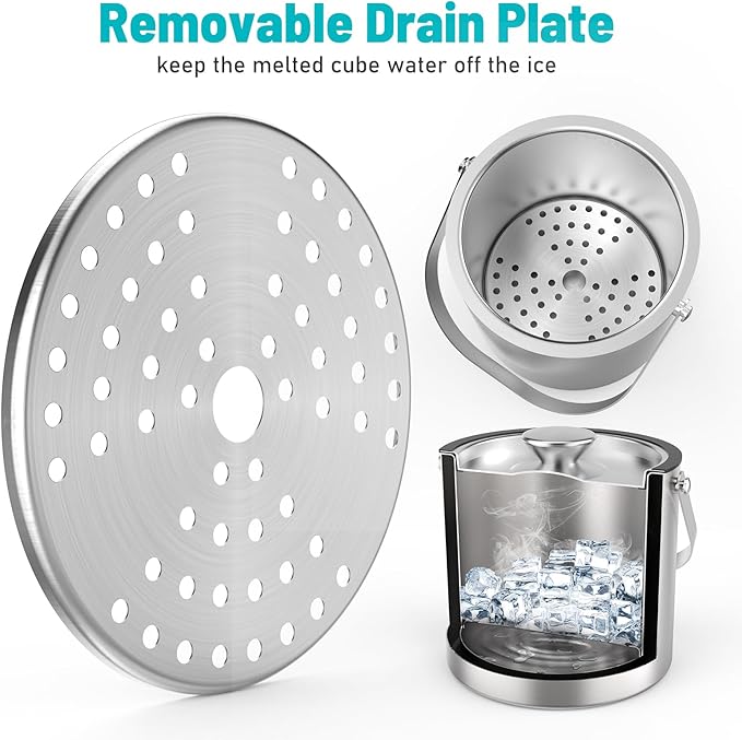 3L Stainless Steel Ice Bucket, Double Wall Insulated Ice Bucket with Lid, Drain Plate, Scoop, Tong for Parties Cocktail Bar