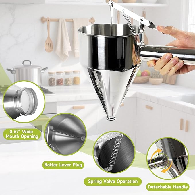 40oz Stainless Steel Pancake Batter Dispenser, Pancake Dispenser with Stand and Squeeze Handle, 4 Interchangeable Nozzles for Pancakes, Cupcakes, Waffles and Baked Goods