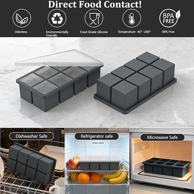 Bangp Silicone Ice Cube Trays with Metal Reinforced Frame(3 Pack),Large Ice Cube Tray with Lid,Easy Release Whiskey Ice Cubes Mold,Ice Trays for Freezer,Stackable Ice Cube Tray(Grey)