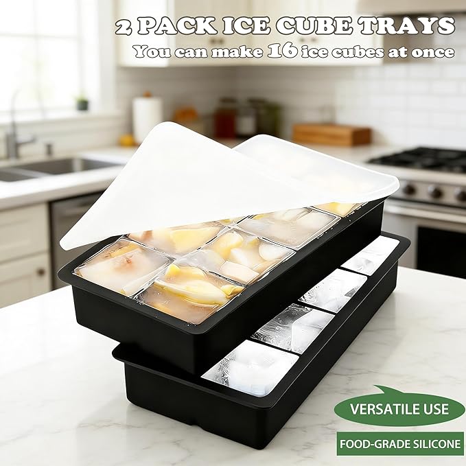 Silicone Ice Cube Tray for Freezer with Lid，Large Square Ice Cube Molds for Whiskey and Old Fashioned，Stackable Silicone Soup Freezer Molds - Set of 2