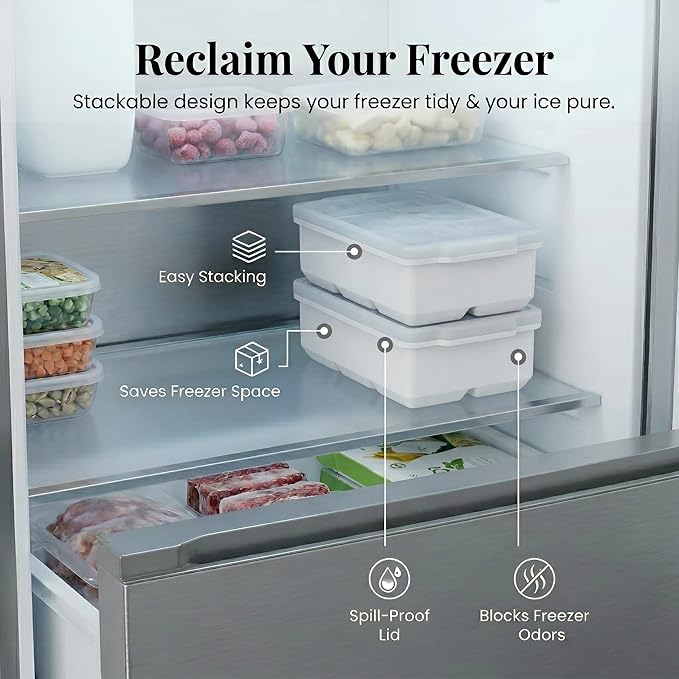 KitchFort Large Silicone Ice Cube Tray (3-Pack), Easy Release 2" Big Ice Cubes - Cocktail, Whiskey Ice Cubes Mold - Ice Trays for Freezer with Lid - Stackable Silicone Ice Tray - White