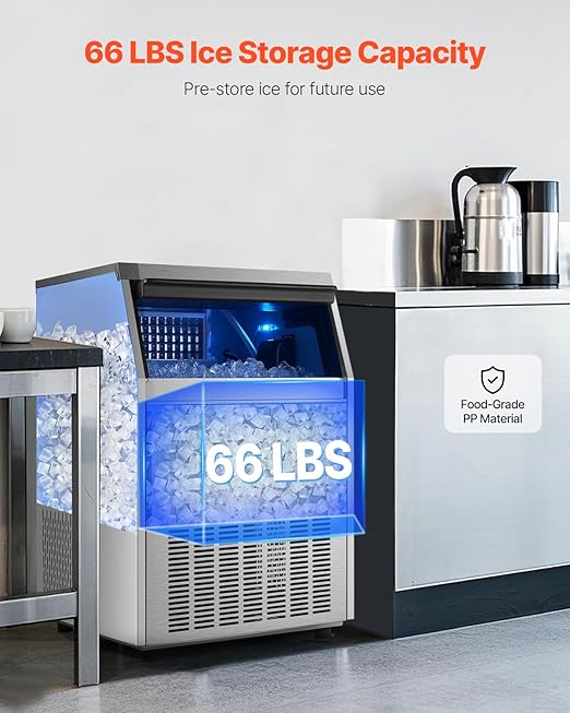 VEVOR Commercial Ice Maker Machine, 160lbs/24H Ice Maker Machine with 66lbs Storage Capacity, 80 Ice Cubes in 15 Minutes, LED Digital Display Freestanding Self-Cleaning for Bar Office Restaurant