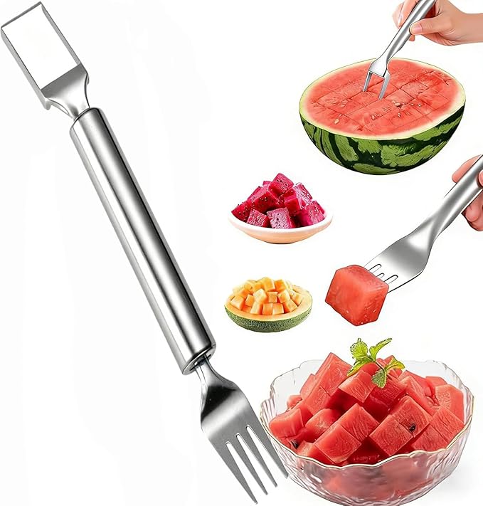 2-in-1 Watermelon Slicer & Fork- 1 Pack Stainless Steel Fruit Cutter for Melons, Watermelons Fork Slicer Cutter Tool for Easy Fruit Cutting