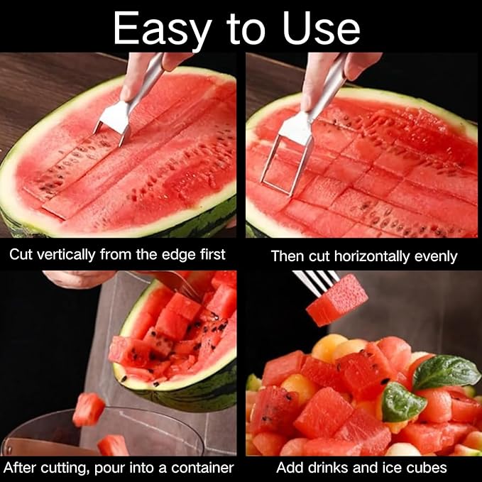 Watermelon Fork Slicer Cutter, 2-In-1 Stainless Steel Fruit Cutter, 2025 Upgrade Portable Melon Slicer Tool for Camping, Picnics, Home, Parties – Effortless Cubes & No Mess