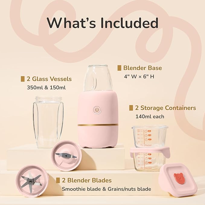 Bubble Blender, Baby Food Maker & Puree Blender with 2 Borosilicate Glass Cups, Compact Baby Bullet for Smoothies, Hands-Free One-Touch, 200W Motor, Rose