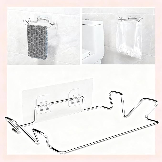Stainless Steel Trash Bag Holder, Hanging Trash Can Rack for Cabinets/Door/Cupboards/Wall, Plastic Bag Holder with 3Pcs Adhesive Wall Sticker, Kitchen Under Sink Dishcloth Rack