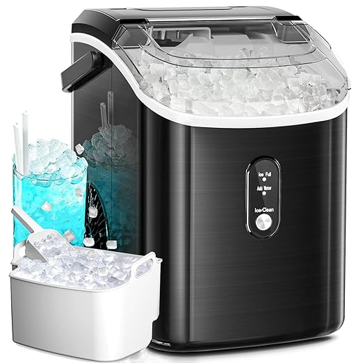 Antarctic Star Nugget Ice Maker Countertop,34Lbs/24H, One-Click Operation, Self-Cleaning, Ice Scoop&Ice Basket, Stainless Steel Pebble Ice Machine for Kitchen/Office/Bar (Steel Black)