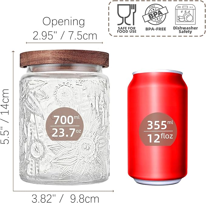 Custde 23.7 fl oz Vintage Glass Jar with Wooden Lid, Airtight Decorative Food Storage Canisters for Kitchen Counter & Pantry, Ideal for Candy, Sugar, Coffee,salt, Tea, Cereal, Flour, Oats