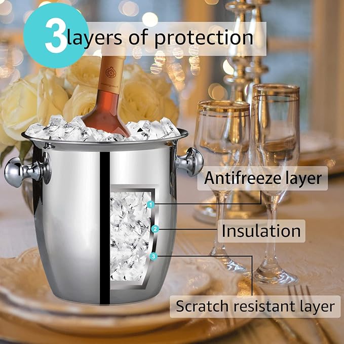 Ice Buckets - Champagne Ice Bucket with Tongs, Silver Trumpet Ice Bucket Stainless Steel Mirror Reflection Wine Cooler for Wedding Bar Beer Red Wine Liquor Beverages Party, Ice Frozen Longer,2.5L