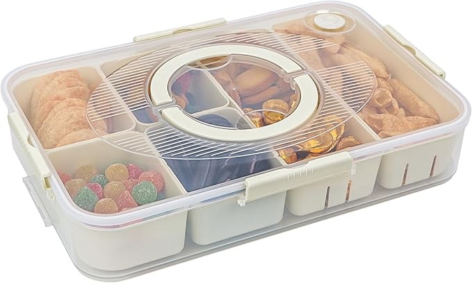 Snackle Box Container, Dishwasher and Microwave Safety Divided Serving Tray with Lid and Handle, Portable Snack Platters Clear Organizer for Fruits, Snacks, Candy(6 Compartments)