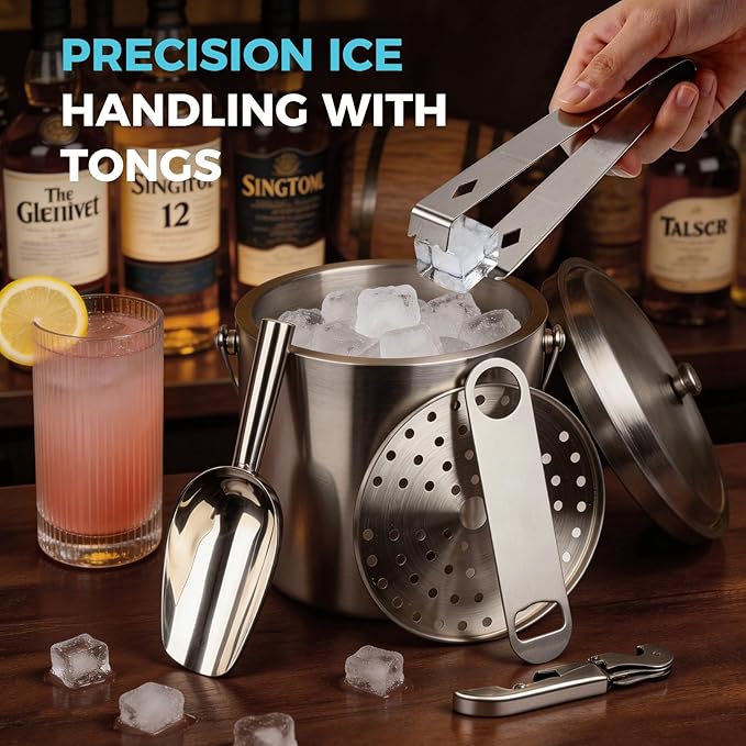 3L Ice Buckets for Parties 6PC Set, Stainless Steel Double-Wall Insulated Ice Bucket with Lid, Scoop, Tongs, Beer & Wine Opener – Ideal for Cocktail Bar, Outdoor Events & Keeps Ice Frozen Longer