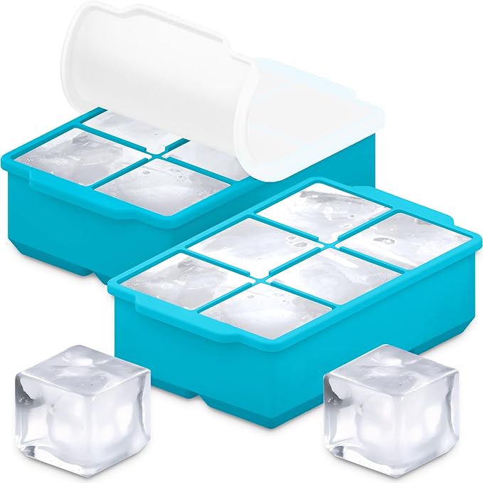 KitchFort Large Silicone Ice Cube Tray (2-Pack), Easy Release 2" Big Ice Cubes - Cocktail, Whiskey Ice Cubes Mold - Ice Trays for Freezer with Lid - Stackable Silicone Ice Tray - Turquoise