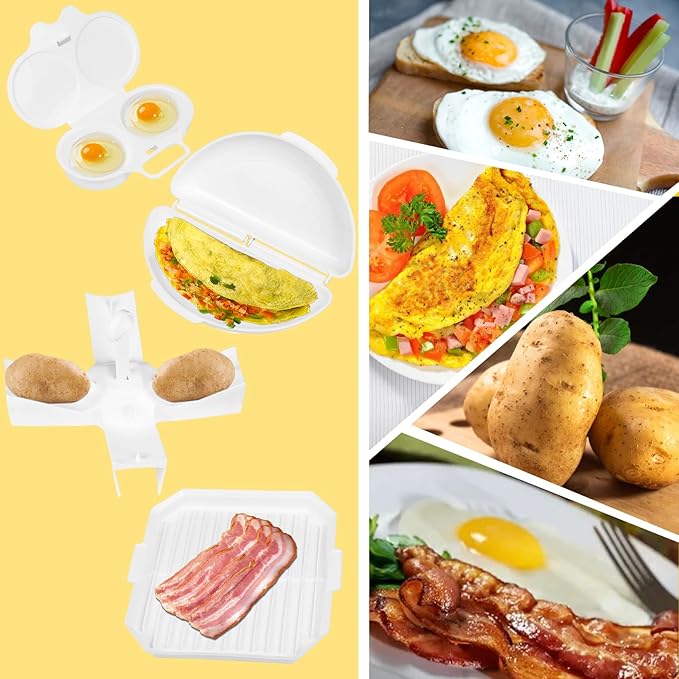 (4pcs) Easy Breakfast Set, Microwave Egg Cooker/Poacher, Microwave Omelet Maker, Microwave Bacon Tray/Cooker, Baked Potato Cooker, Easy To Use and Non-Stick Egg Cookwarez