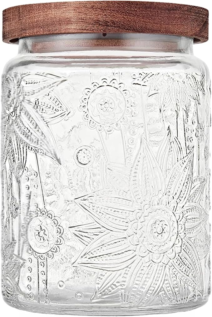 Custde 23.7 fl oz Vintage Glass Jar with Wooden Lid, Airtight Decorative Food Storage Canisters for Kitchen Counter & Pantry, Ideal for Candy, Sugar, Coffee,salt, Tea, Cereal, Flour, Oats