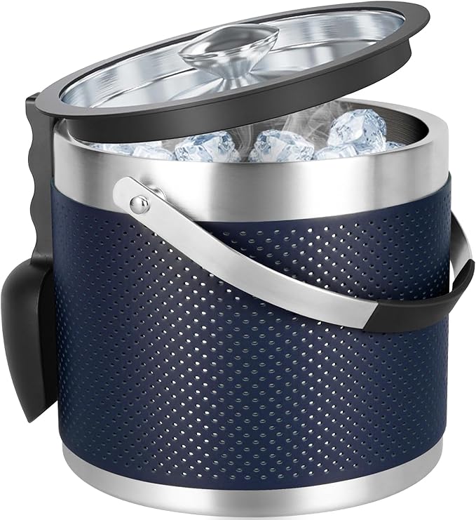 3Quart/3.2L Insulated Stainless Steel Ice Bucket with Lid, Scoop, Leather Design Double Wall Wine Bucket for Cocktail Bar, Parties (Dark Blue)