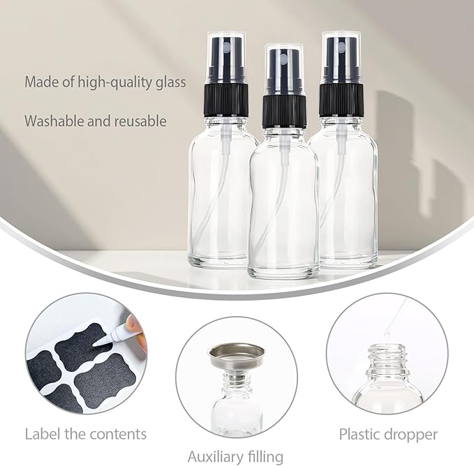 1 oz Glass Spray Bottles,Small Empty Fine Mist Refillable Travel Spray Bottle for Cleaning,Perfume,Aromatherapy,Cosmetic Sprays,Hair,Essential Oils with Fine Mist Dispenser（6 Pack）