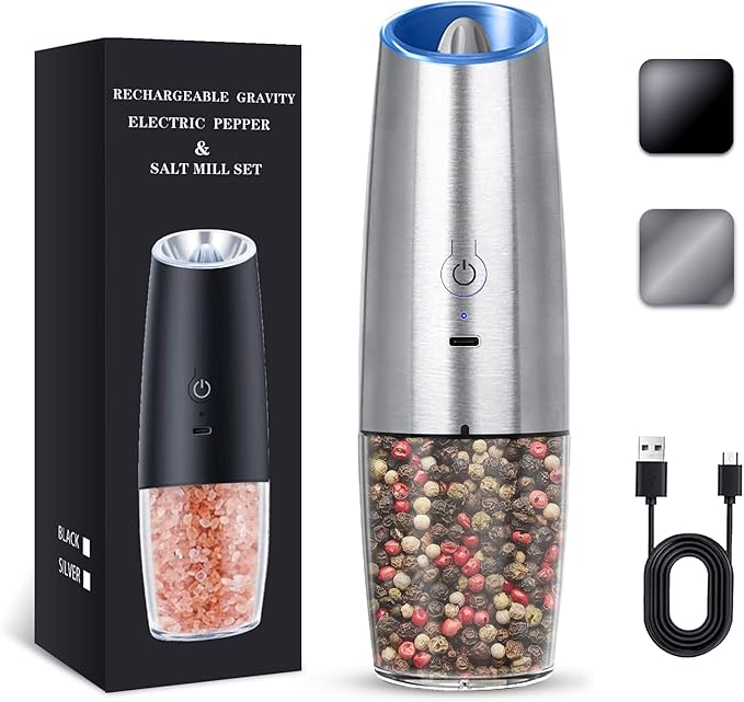 UNNEES Rechargeable Electric Salt and Pepper Grinder, gravity electric salt and pepper grinder, Adjustable Roughness, LED Light, 1 Pack, (Silver)