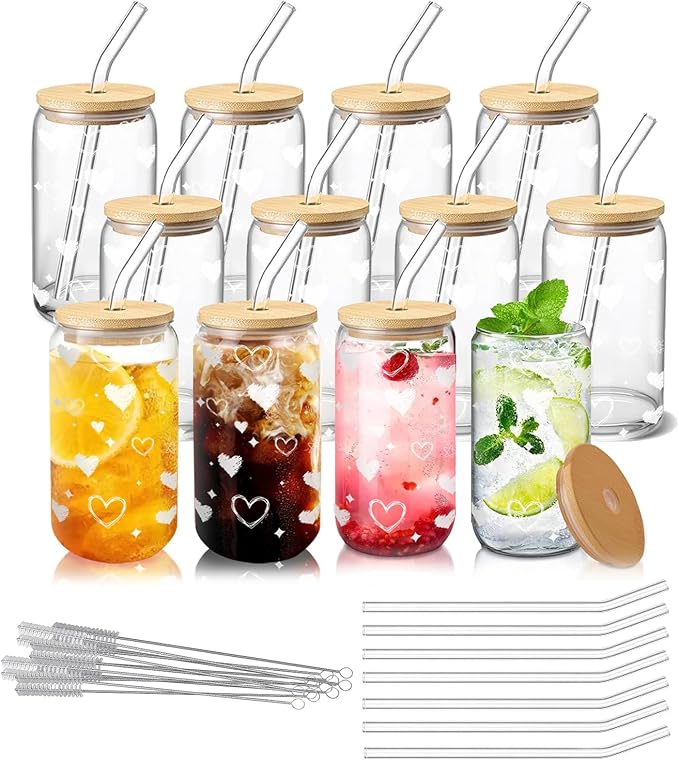 12pcs Glass Cups with Lids and Straws – 16oz Heart Pattern Drinking Glass Set – Reusable Iced Coffee Cups with Bamboo Lids, Glass Straws & Brushes – Party Drinkware for Girls, Roommates, Family