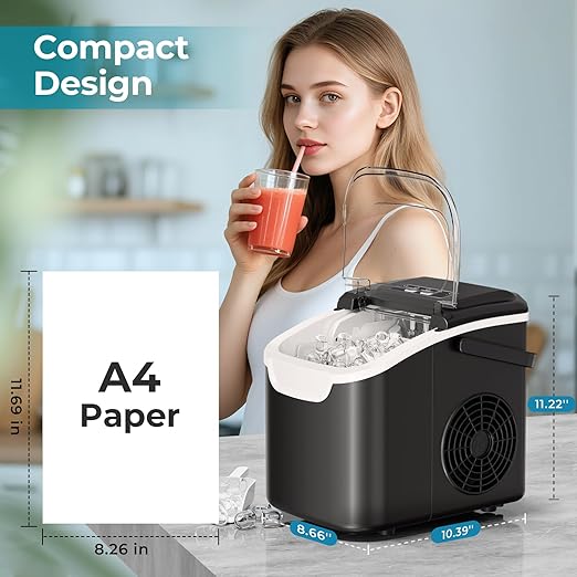 Ice Maker Countertop, 26.5lbs/24Hrs, 8 Bullet ICES in 6 Mins – Self-Cleaning Portable Ice Maker with Selectable Ice Size & Touch Display for Home/Office/Bar, Matte Black