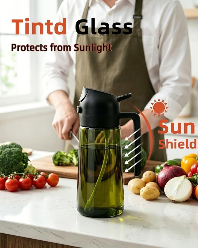 16oz/470ml Oil Sprayer for Cooking, 2 in 1 Oil Dispenser for Kitchen, Olive Oil Sprayer, Food Grade Glass Bottle for Kitchen Gadgets, Air Fryer Accessories, Salad, BBQ (Black)
