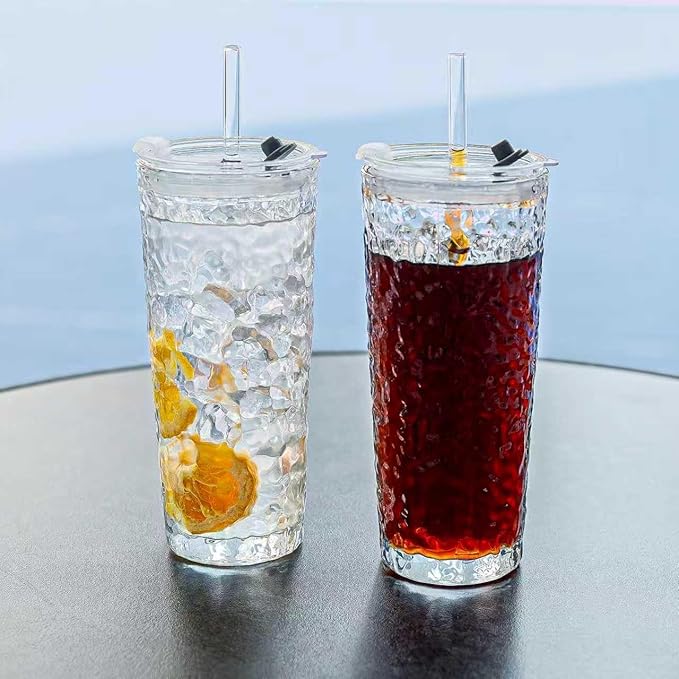 20oz Glass Tumblers with Lids and Straws - Stylish Vintage Ribbed Design for Iced Coffee, Juice, Smoothies, Milkshakes, Cold Beverages & Whiskey Cocktail Beer (Pure Bark - Texture)