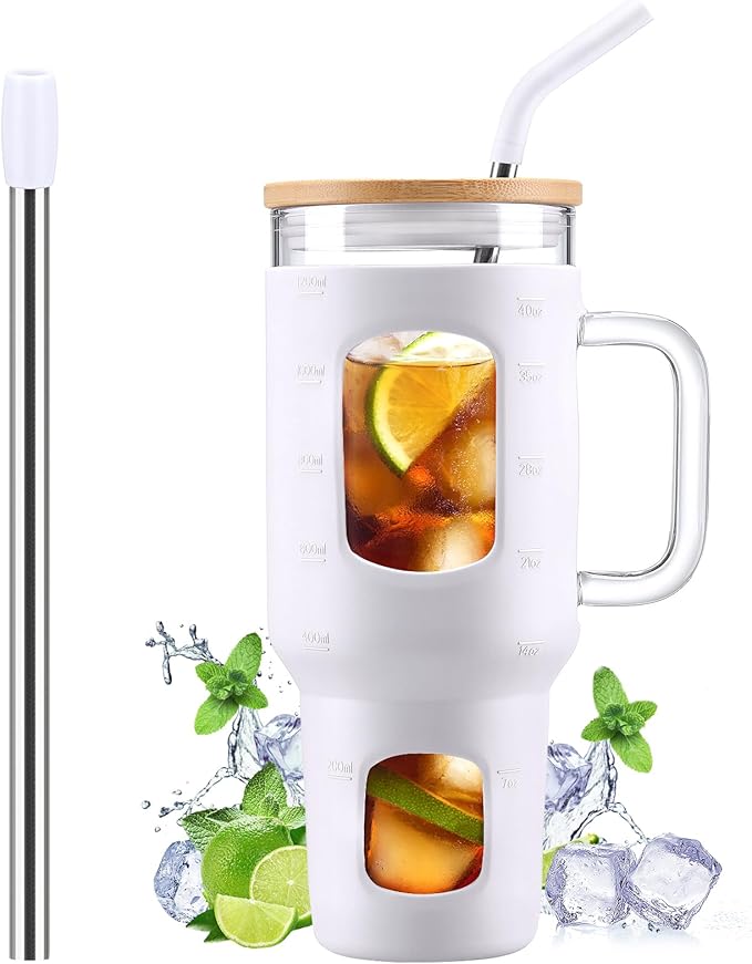 WINSA Glass Tumbler with Straw and Lid, 40 oz glass cup with handle, Glass Water Bottles with Time Marker, Silicone Protective Sleeve-White