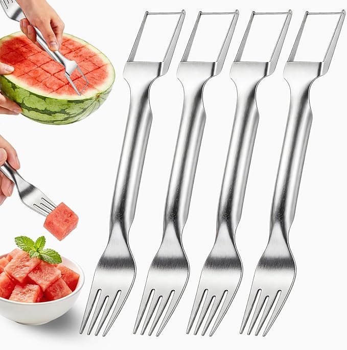 Watermelon Fork Slicer Cutter, 2-in-1 Stainless Steel Watermelon Slicer & Fruit Fork, Summer Kitchen Gadget for BBQ Parties, Camping & RV Adventures