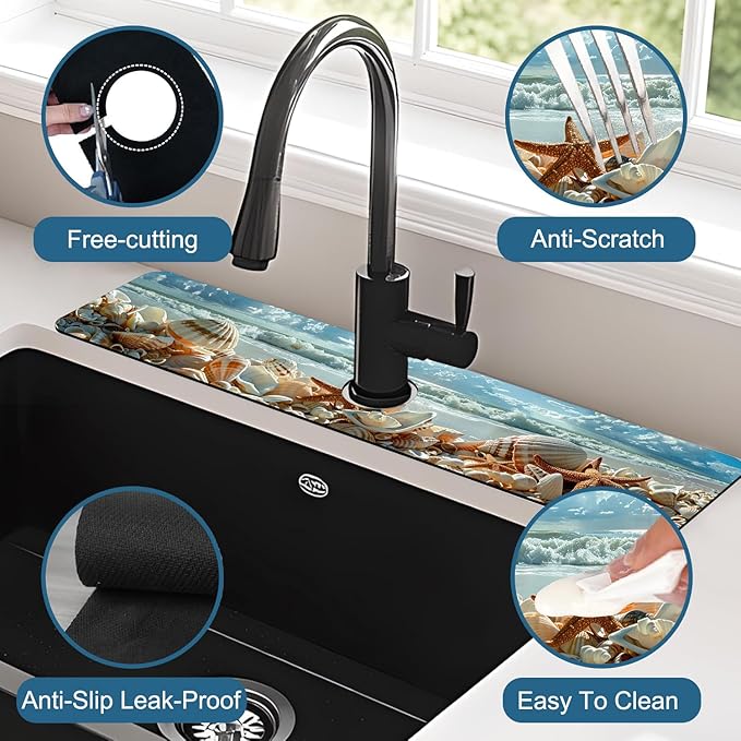Beach Sink Splash Guard Shells Starfish Waves Faucet Absorbing Mat Fast Drying Mat Sink Gadgets Splash Guard Behind Faucet Drip Catcher for Kitchen Bathroom, 23.5"x5.5"