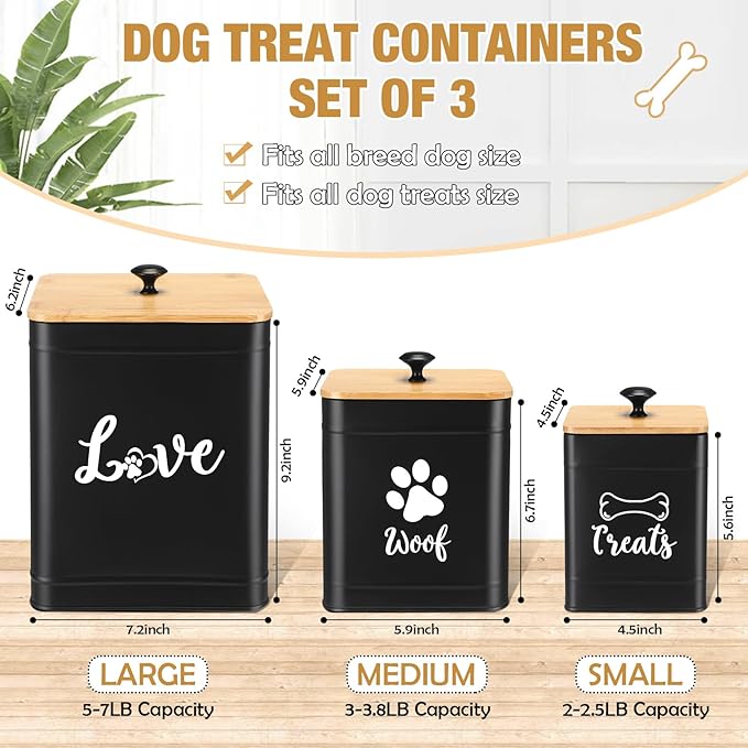 Jingmore Metal Dog Treat Containers Set of 3 with Bamboo Lids and Spoon Airtight 7+3+2 lbs Dog Food Snack Jars with DIY Labels Big Pet Cookie Storage Jar for Kitchen Counter(Black,Classic)