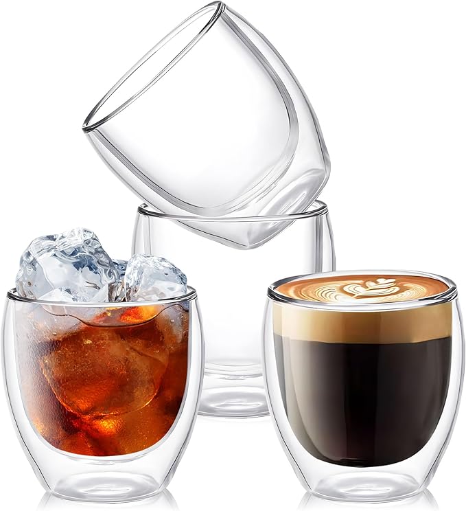 YMMIND Set of 4 Double Walled Glass Coffee Mugs 8 Ounces Insulated Layer Coffee Cups Borosilicate Glass Espresso Cup for Hot Beverage,Cappuccino,Tea,Latte,Wine,Microwave Safe