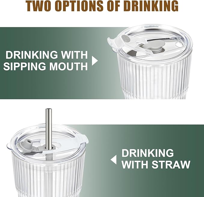 HIGIINC Iced Coffee Cups with Lids and Straws 2 Pcs，20 OZ Glass Cups with Lids and Straws, Clear Ribbed Glass Tumbler Reusable Drinking Glasses for Matcha, Smoothie, Cocktail,Latte